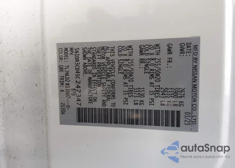 2025 Nissan Pathfinder Sl 4Wd z USA, uszkodzony, nr VIN 5N1DR3CD4SC247347